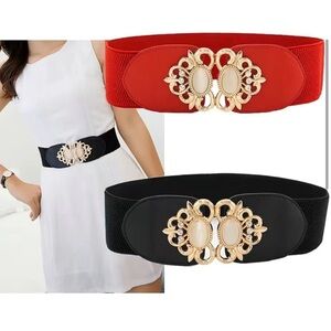 Red & Black Elastic Leather Gemstone Wide Fashion Belt Set of 2